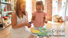  Presentation with meals - Amazing PPT theme having beautiful teacher and blond student toddler girl playing meals with plastic fruits vegetables and dishes at kindergarten backdrop and a coral colored foreground