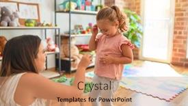  Presentation with frogs - Audience pleasing slide deck consisting of beautiful teacher and blond student toddler girl playing with plastic frogs toys at kindergarten backdrop and a coral colored foreground