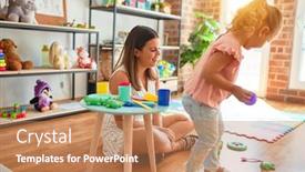  Presentation with meals - Theme having beautiful teacher and blond student toddler girl playing meals with plastic fruits vegetables and dishes at kindergarten background and a coral colored foreground