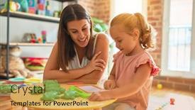  Presentation with teacher - Cool new PPT theme with beautiful-teacher-and-blond-student backdrop and a coral colored foreground