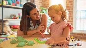  Presentation with teacher - Colorful presentation design enhanced with beautiful-teacher-and-blond-student backdrop and a coral colored foreground