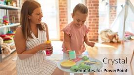  Presentation with meals - Audience pleasing presentation theme consisting of beautiful-teacher-and-blond-student backdrop and a coral colored foreground