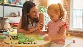  Presentation with teacher - Audience pleasing slide deck consisting of beautiful-teacher-and-blond-student backdrop and a coral colored foreground