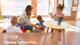  Presentation with toddlers - PPT theme with lots of toys at kindergarten background and a coral colored foreground
