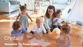  Presentation with toddlers - Cool new PPT theme with beautiful teacher and group of toddlers sitting on the floor drawing using paper and pencil around lots of toys at kindergarten backdrop and a coral colored foreground