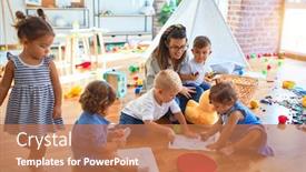  Presentation with toddlers - Amazing presentation design having beautiful teacher and group of toddlers sitting on the floor drawing using paper and pencil around lots of toys at kindergarten backdrop and a coral colored foreground
