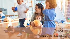  Presentation with toddlers - Theme with beautiful teacher and group of toddlers playing around lots of toys at kindergarten background and a coral colored foreground