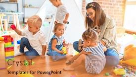  Presentation with toddlers - PPT layouts having beautiful-teacher-and-group background and a coral colored foreground