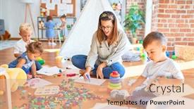  Presentation with toddlers - Beautiful presentation design featuring beautiful-teacher-and-group backdrop and a coral colored foreground