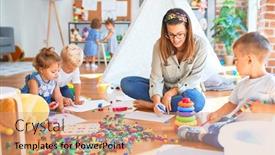  Presentation with toddlers - Presentation theme having beautiful-teacher-and-group background and a coral colored foreground