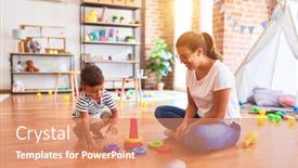  Presentation with kindergarten - Colorful slide set enhanced with beautiful teacher and toddler boy backdrop and a coral colored foreground