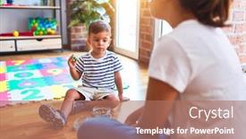  Presentation with toddler eating - Beautiful PPT theme featuring beautiful teacher and toddler boy sitting eating small chocolate balls at kindergar backdrop and a coral colored foreground