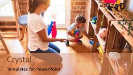  Presentation with bowling - Colorful presentation design enhanced with beautiful teacher and toddler boy playing bowling at kindergarten backdrop and a coral colored foreground