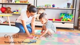  Presentation with teacher - Theme enhanced with beautiful-teacher-and-toddler-boy background and a coral colored foreground