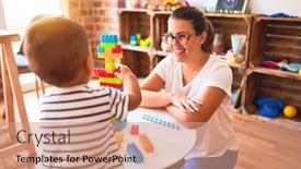  Presentation with teacher - Amazing slide deck having beautiful-teacher-and-toddler-boy backdrop and a coral colored foreground