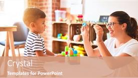  Presentation with teacher - PPT theme enhanced with beautiful-teacher-and-toddler-boy background and a coral colored foreground
