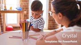  Presentation with colored pencils - PPT theme enhanced with beautiful-teacher-and-toddler-boy background and a coral colored foreground