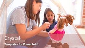 Presentation with unicorn girl - PPT layouts having beautiful teacher and toddler girl sitting on the floor playing with unicorn and doll inside tipi at kindergarten background and a coral colored foreground