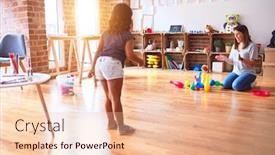  Presentation with bowling - Cool new PPT theme with beautiful teacher and toddler girl playing bowling at kindergarten backdrop and a lemonade colored foreground