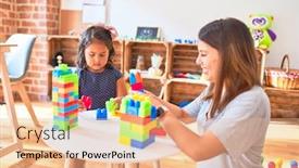  Presentation with teacher - PPT theme having beautiful-teacher-and-toddler-girl background and a coral colored foreground