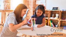  Presentation with colored pencils - PPT theme having beautiful-teacher-and-toddler-girl background and a coral colored foreground