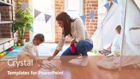  Presentation with maths - PPT theme having beautiful teacher and toddler learning maths using numbers puzzle game around lots of toys at kindergarten background and a coral colored foreground