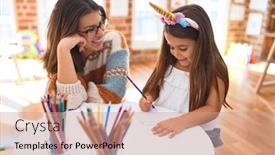  Presentation with unicorn - PPT theme enhanced with beautiful-teacher-and-toddler-wearing background and a coral colored foreground