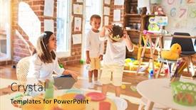  Presentation with king crown - Presentation design with beautiful teacher and toddlers playing with king crown around lots of toys at kindergarten background and a coral colored foreground