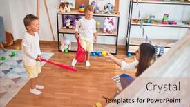  Presentation with toddlers - PPT layouts having beautiful-teacher-and-toddlers-playing background and a coral colored foreground