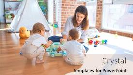  Presentation with toddlers - Colorful PPT theme enhanced with beautiful-teacher-and-toddlers-playing backdrop and a coral colored foreground