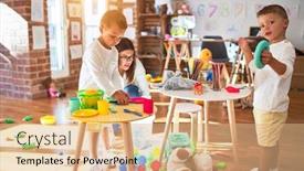  Presentation with toddlers - Colorful PPT layouts enhanced with beautiful-teacher-and-toddlers-playing backdrop and a coral colored foreground