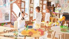  Presentation with king crown - Colorful slide deck enhanced with beautiful-teacher-and-toddlers-playing backdrop and a coral colored foreground