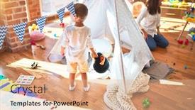  Presentation with toddlers - Slide set consisting of beautiful-teacher-and-toddlers-playing background and a coral colored foreground