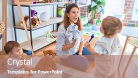  Presentation with toddlers - Amazing slide deck having beautiful-teacher-and-toddlers-playing backdrop and a coral colored foreground