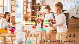  Presentation with toddlers - Colorful PPT theme enhanced with beautiful-teacher-and-toddlers-playing backdrop and a coral colored foreground