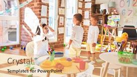  Presentation with king crown - PPT theme with beautiful-teacher-and-toddlers-playing background and a coral colored foreground