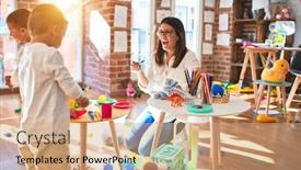  Presentation with toddlers - Slides featuring beautiful-teacher-and-toddlers-playing background and a coral colored foreground
