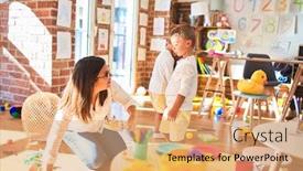  Presentation with king crown - Presentation theme having beautiful-teacher-and-toddlers-playing background and a coral colored foreground