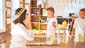  Presentation with king crown - Slides enhanced with beautiful-teacher-and-toddlers-playing background and a coral colored foreground