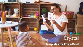  Presentation with teaching - Presentation design enhanced with beautiful teacher teaching alphabet to student toddler boy at kindergarten background and a red colored foreground