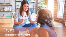  Presentation with teaching - Cool new slide deck with beautiful-teacher-teaching-alphabet backdrop and a coral colored foreground