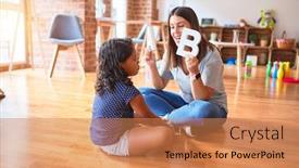  Presentation with kindergarten - Audience pleasing PPT theme consisting of beautiful-teacher-teaching-alphabet backdrop and a coral colored foreground