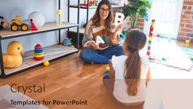  Presentation with teaching - PPT theme consisting of beautiful-teacher-teaching-toddler-alphabet background and a coral colored foreground