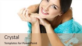  Presentation with teen - Slides consisting of beautiful teen girl lying in blue dress and smiling isolated on white background background and a coral colored foreground