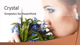  Presentation with snowdrop - Audience pleasing slide deck consisting of beautiful teen girl smell and enjoy fragrance of snowdrop flowers isolated on white background backdrop and a sky blue colored foreground