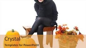 Presentation with fall foliage - Cool new PPT theme with beautiful teen girl in a black cat outfit waiting on a bench with pumpkins and a basket of fall foliage nearby on a white background backdrop and a gold colored foreground