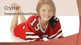 Presentation with bright white - Presentation theme featuring beautiful teen happily relaxed on the floor in a bright red over sized jersey on a white background background and a coral colored foreground