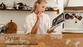  Presentation with cookbook - PPT layouts enhanced with beautiful-thinking-woman-reading-cookbook background and a coral colored foreground
