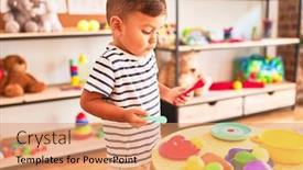  Presentation with meals - Cool new PPT theme with beautiful-toddler-boy-playing-meals backdrop and a coral colored foreground