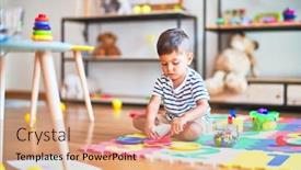  Presentation with meals - Slide set having beautiful toddler boy sitting on puzzle playing meals with plastic plates fruits and vegetables at kindergarten background and a coral colored foreground